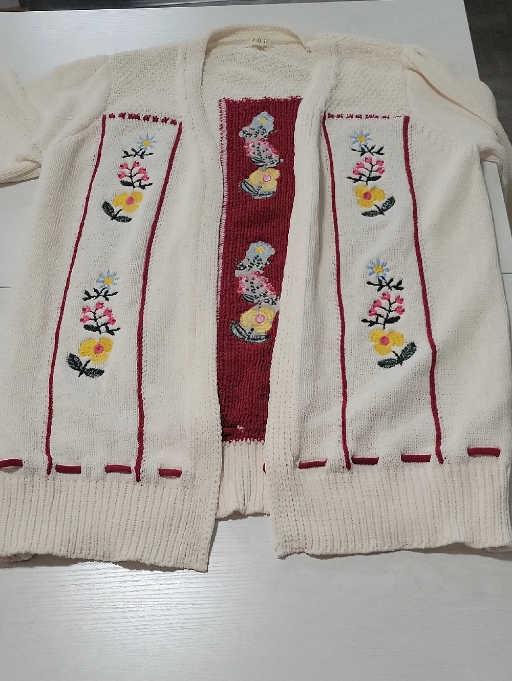 NWT POL Large Cream Open-Front Cardigan with Red Floral Embroidery - Picture 3 of 7